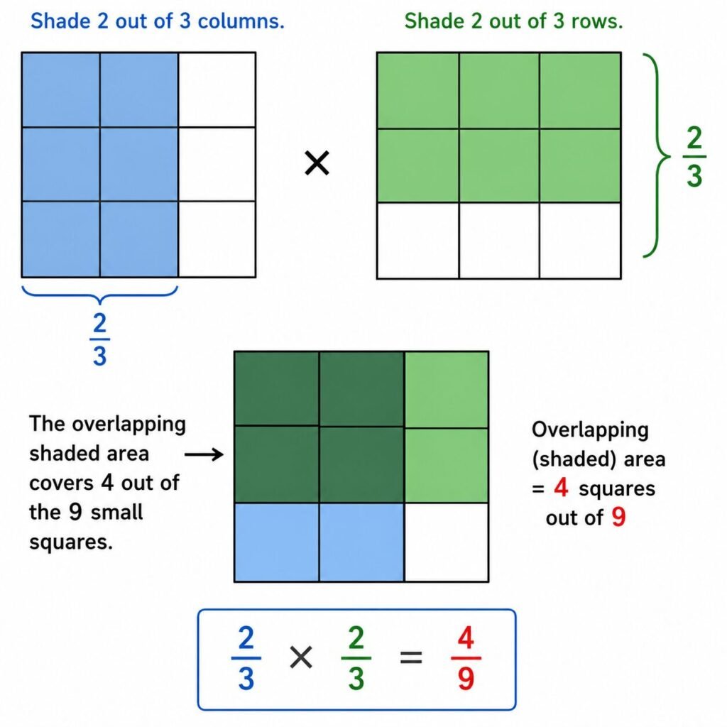 3×3 grid showing that 2/3 × 2/3 equals 4/9 through overlapping shaded squares.