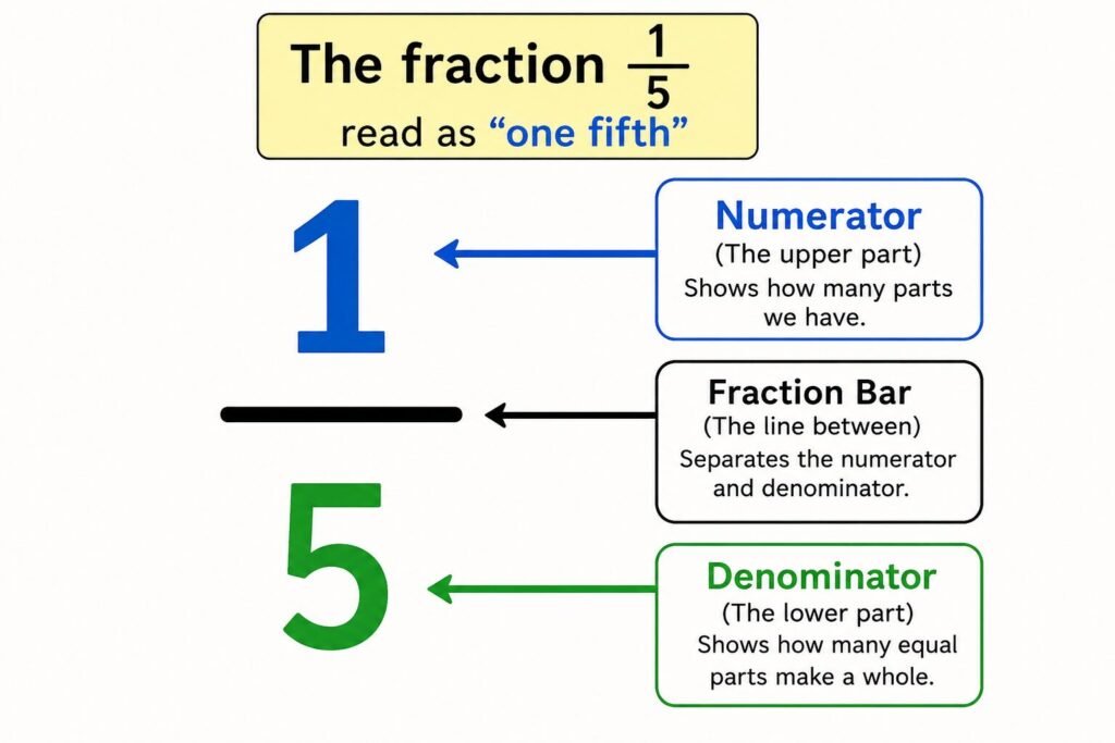 Fraction diagram showing the fraction 1/5 with labels identifying the numerator, fraction bar, and denominator.